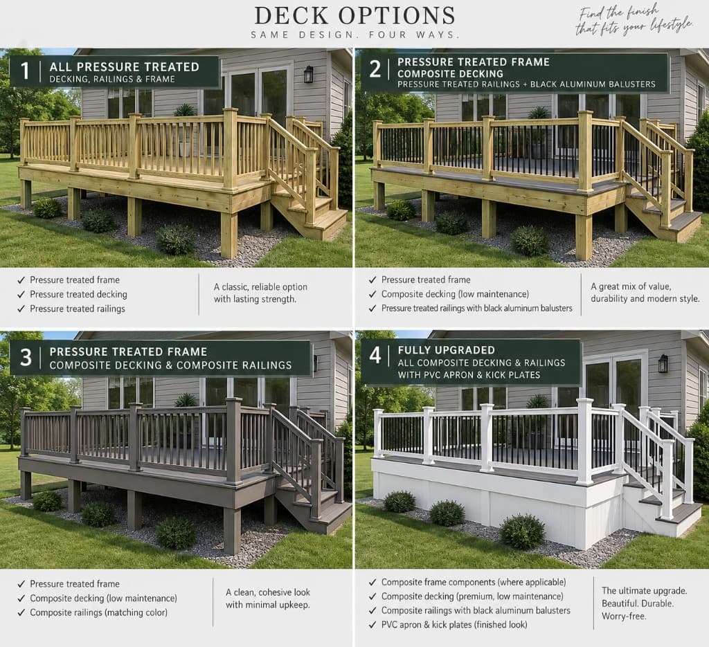One deck design shown four ways: all pressure treated; pressure treated frame with composite decking; composite decking with composite railings; and a fully upgraded composite deck with PVC apron and kick plates